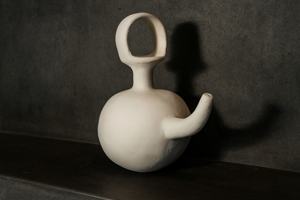 Jarra "Ying Yang" - Blanco / Tetera Decorativa de Barro / Alto: 32 cm x Diametro: 30 cm